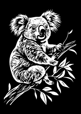 Koala on Branch - Black and White
