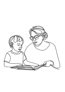 Child and Woman Reading Minimalist Line Art