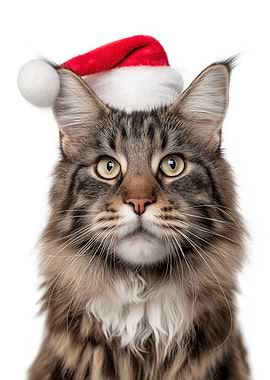 Maine Coon Cat with Santa Hat Portrait