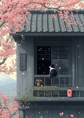 Cat on Balcony with Cherry Blossoms