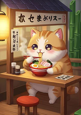 Cat Eating Ramen at Japanese Restaurant