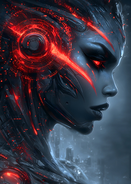 Cybernetic Woman with Red Accents