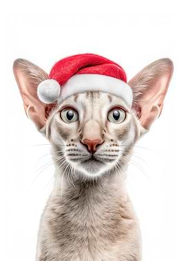 Oriental Shorthair Cat with Santa Hat Portrait