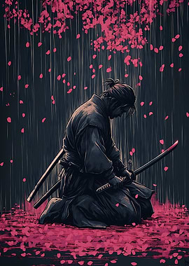 Samurai in Rain of Cherry Blossoms