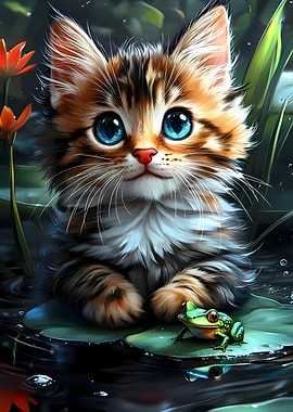Cute Kitten and Frog on Lilypad