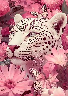 Leopard in Pink Floral Garden