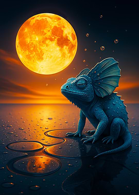 Blue Lizard Under a Full Moon