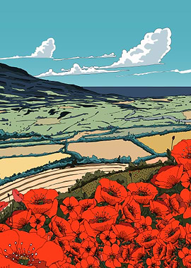 Poppy Field Landscape Illustration