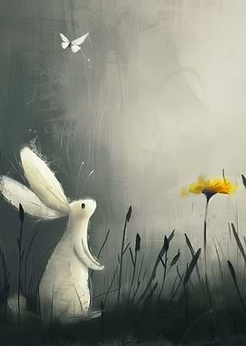 Rabbit and Butterfly in Grayscale Meadow