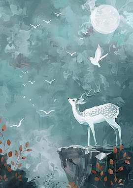 Deer, Birds, and Moon Digital Painting