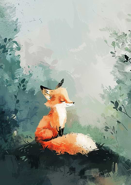 Resting Fox in Forest Illustration
