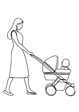 Mother with baby stroller Minimalist Line Art