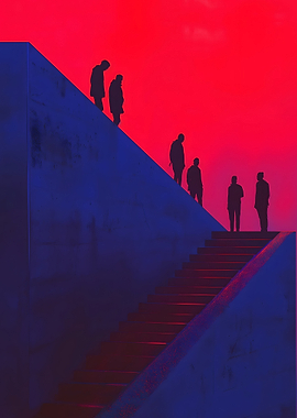 Silhouetted Figures on Blue Stairs