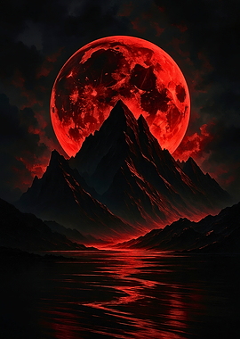 Blood Red Moon Rising Over Dark Mountain and Reflective Water