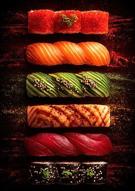 Assorted Sushi Rolls on Dark Background