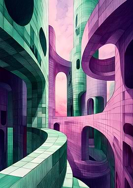 Abstract Cityscape in Green and Purple