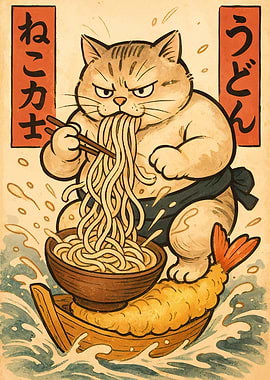 Cat Sumo Wrestler Eating Udon