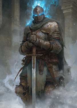 Mystical Knight with Glowing Blue Aura