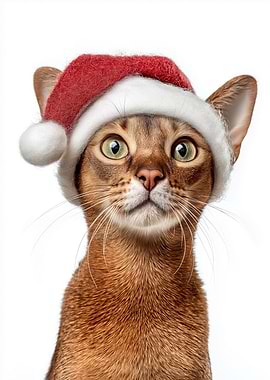 Abyssinian Cat wearing a Christmas hat