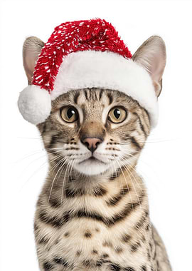 Savannah Cat wearing a Santa hat