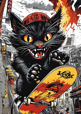 Skateboarding Cat in Urban Setting