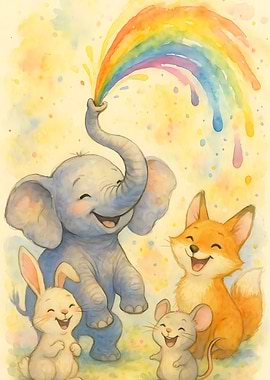Watercolor Animals with Rainbow