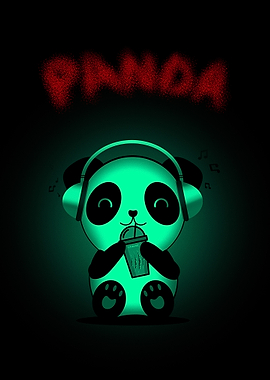 Glowing Panda with Headphones and Drink