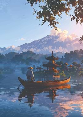 Japanese Landscape with Boat and Pagoda