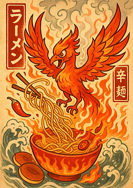 Fiery Phoenix Ramen Bowl Illustration