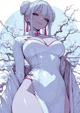 Anime Girl in White Cheongsam Dress