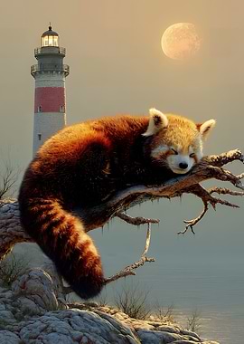 Red Panda Sleeping by Lighthouse
