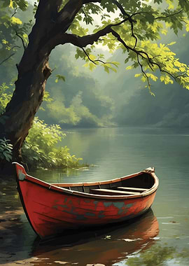 Red Boat on Calm Lake