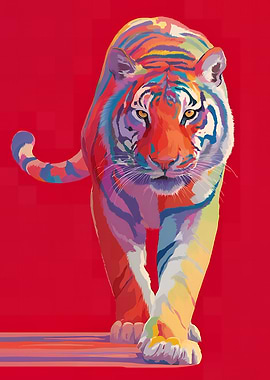 Colorful Tiger Illustration on Red Background