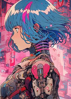 Anime Cyborg Girl in Pink Cityscape