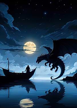 Dragon and Boat Under Moonlight