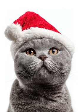 British Shorthair Cat with Santa Hat Portrait