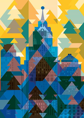 Geometric Cityscape with Triangles and Buildings