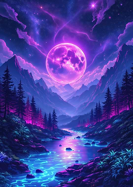 Neon Moonlit Mountain River Landscape