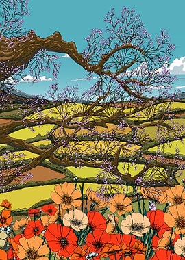 Floral Landscape with Blossoming Tree