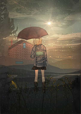 Rainy Day Anime Girl Illustration