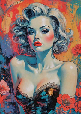 Glamorous Pin-Up Portrait with Floral Accents