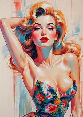 Glamorous Blonde Pin-Up with Floral Dress
