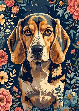 Beagle Portrait with Floral Background