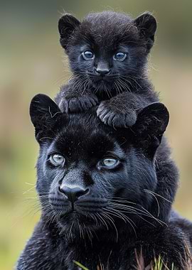 Black Panther Mother and Cub Portrait