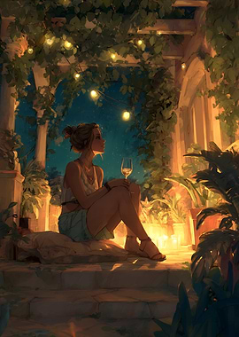 Woman with Wine in Garden Setting