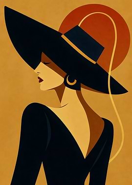 Art Deco Woman in Black Hat – Elegant Minimalist Portrait
