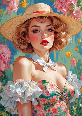 Blonde Pin-Up Floral Dress with Straw Hat