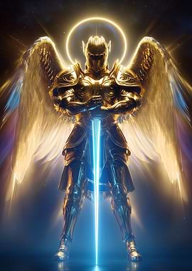 Celestial Guardian – Golden Archangel with a Sword of Light