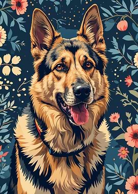 German Shepherd Portrait with Flowers