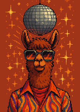 Funny Disco Llama Pixel Art Groovy Funky 70s Theme